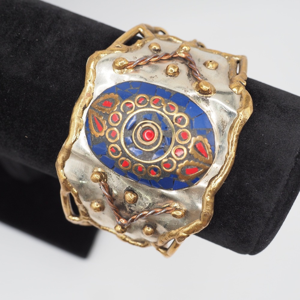 Vtg Cuff Bracelet Blue Red Mosaic Brass Silver Two Tone Studded Webbed Lattice